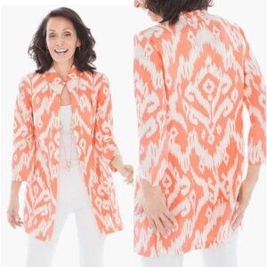 CHICO'S Nehru 100% Linen Ikat Open Front Jacket in Coral Orange Size 2/L